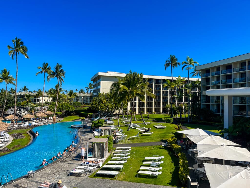 Waikoloa Marriott view looking out to the infinity pool. Big island resorts for families.