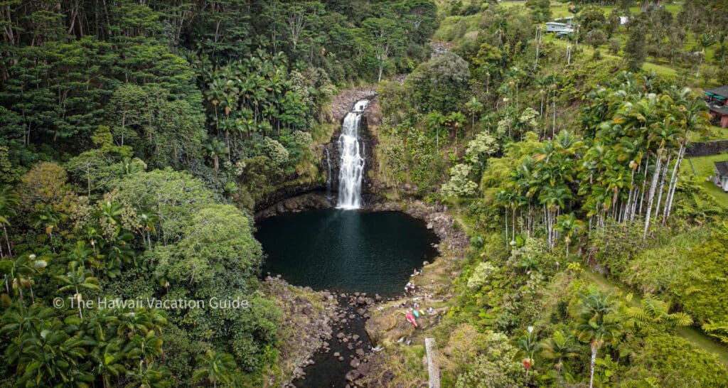 A drone photo of one of the best Big Island waterfalls, Kulaniapia Falls, which cascades into a waterfall pool.
