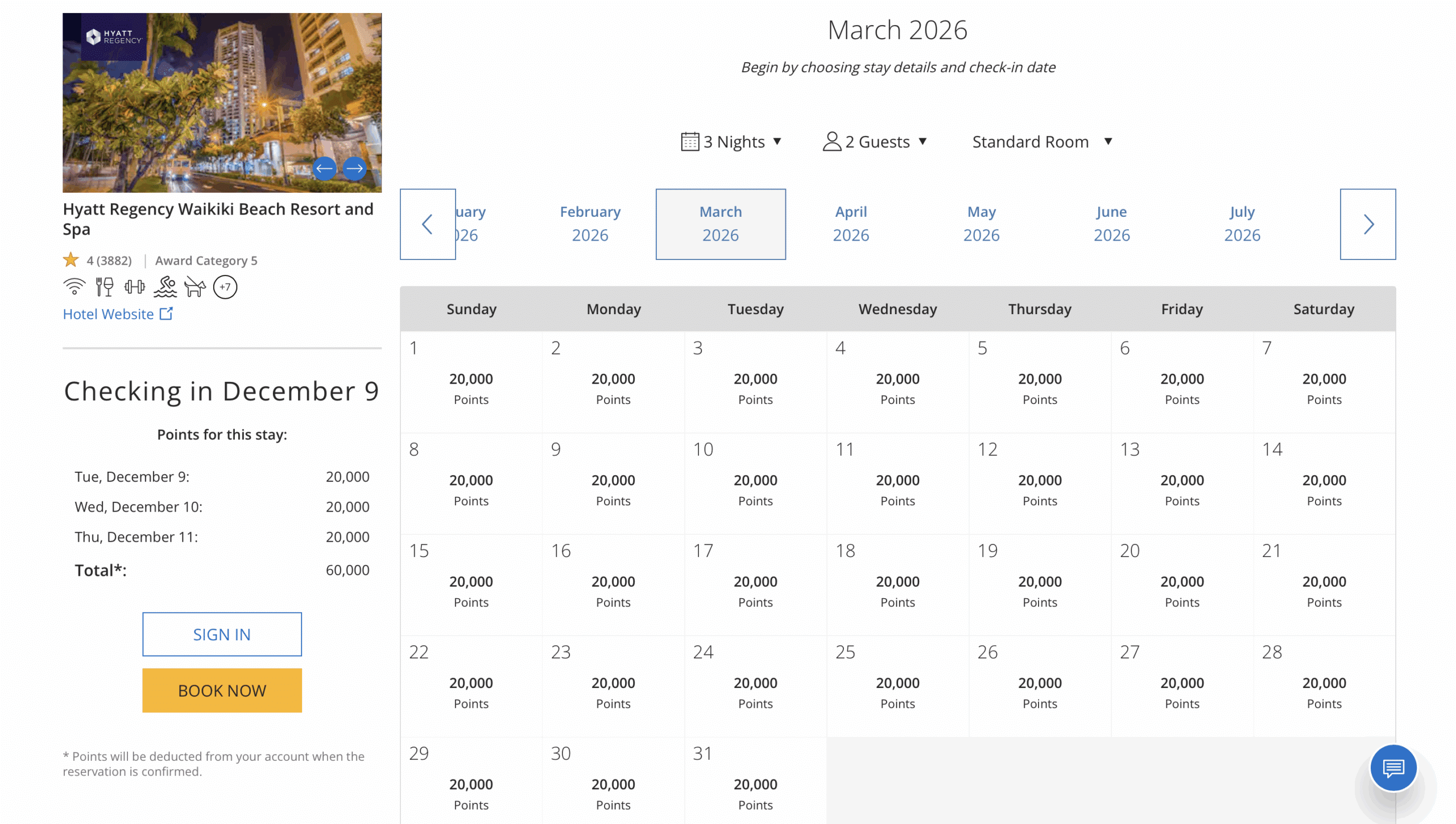 Hyatt Regency Waikiki Points Calendar