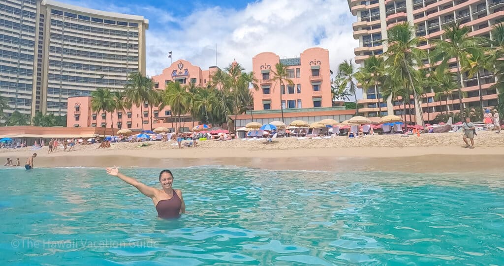 beachfront hotels on waikiki beach. Erica in front of the Royal Hawaiian on Waikiki Beach.
