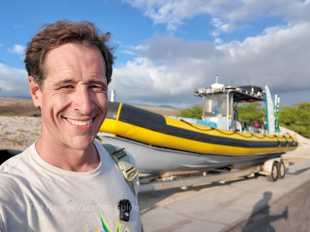 Jordan in front of the Puako Dive Adventures raft