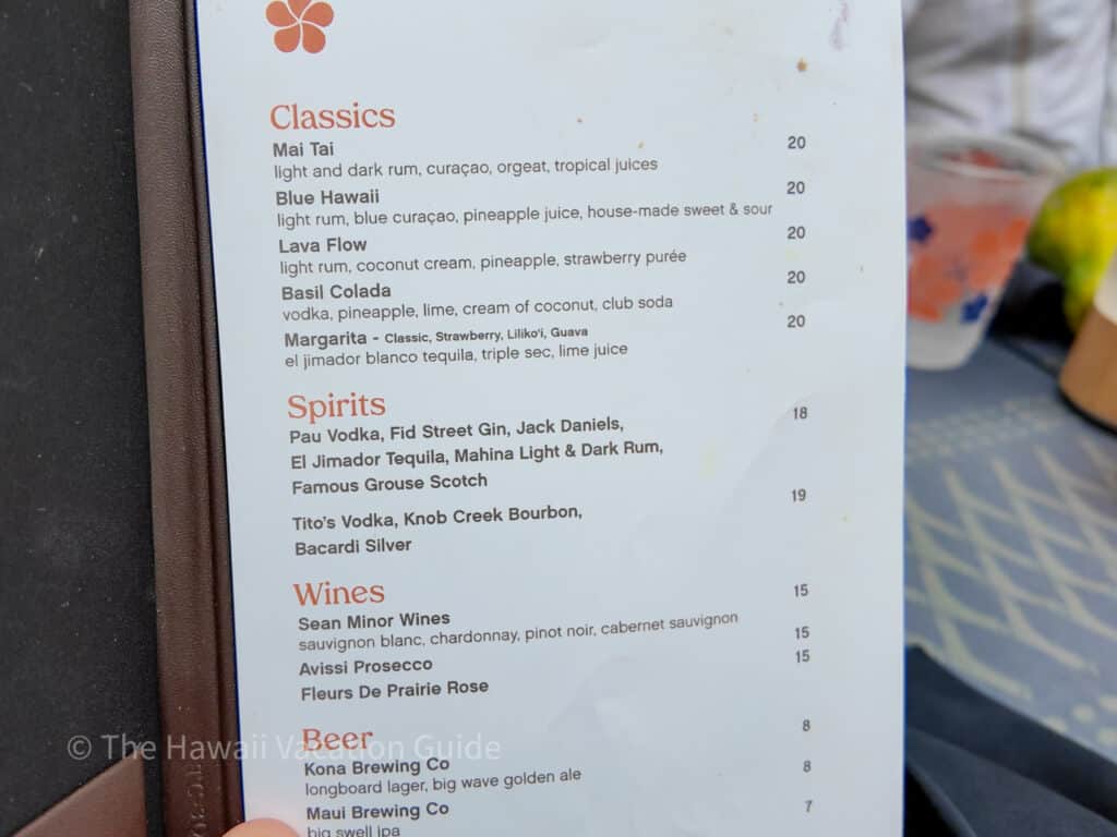 mauna kea luau cash bar menu